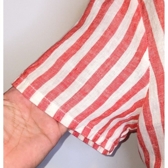 Christian Siriano LG Red White Stripe Linen Hi-Lo Short Sleeve Top Boho Beachy - Picture 2 of 5
